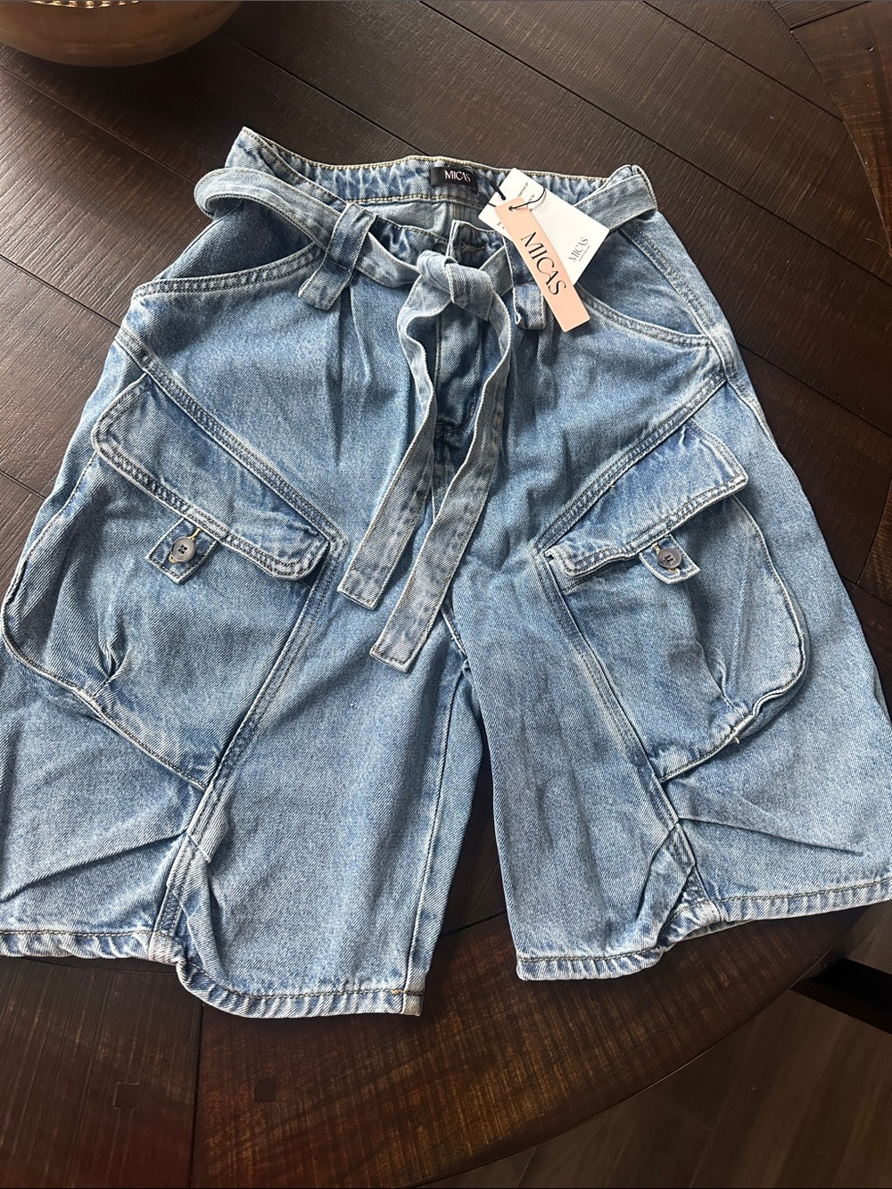 NWT MICAS SMALL Light Blue Denim Cargo Shorts with Tie Waist